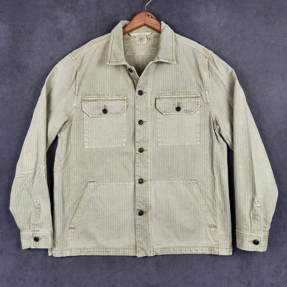 Faherty French Chore Jacket Mens Large Khaki Herringbone Cotton Button Utility